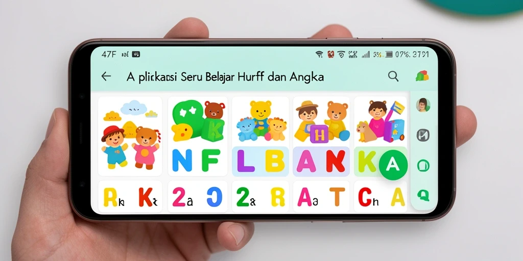 Antarmuka aplikasi 47F yang menarik dan edukatif untuk belajar huruf dan angka.