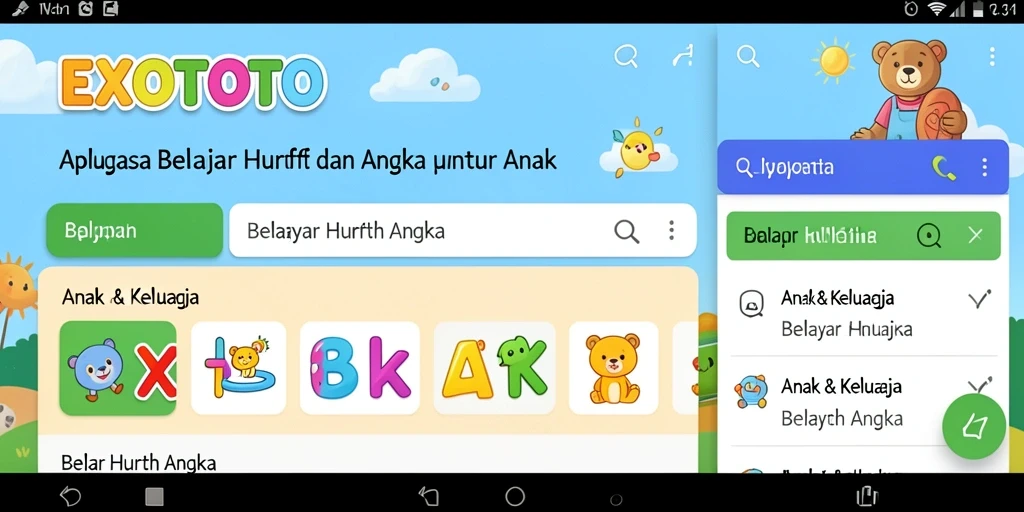 Tampilan antarmuka EXOTOTO yang menarik untuk belajar huruf dan angka.